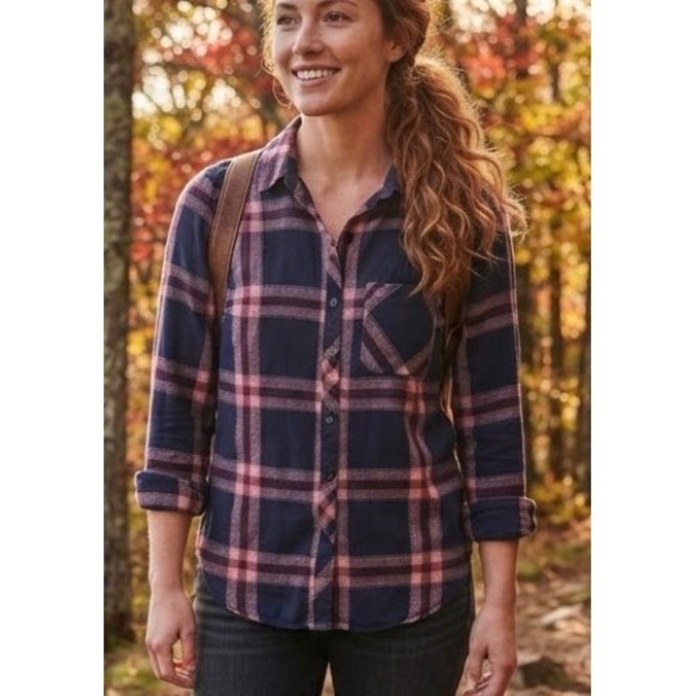 Woolrich Womens Flannel Plaid Shirt Navy Pink Burgundy Cotton Button Down Large